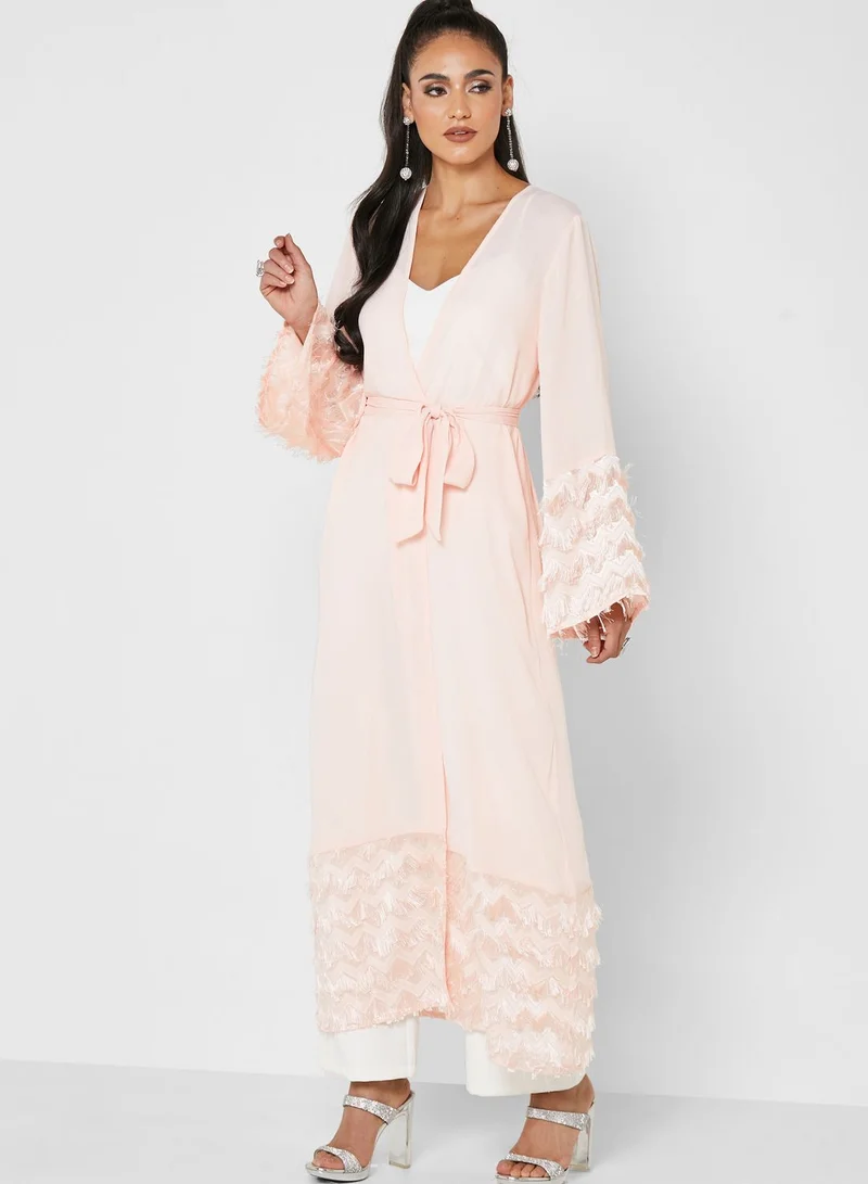 Khizana Tassel Layered Detail Abaya With Belt
