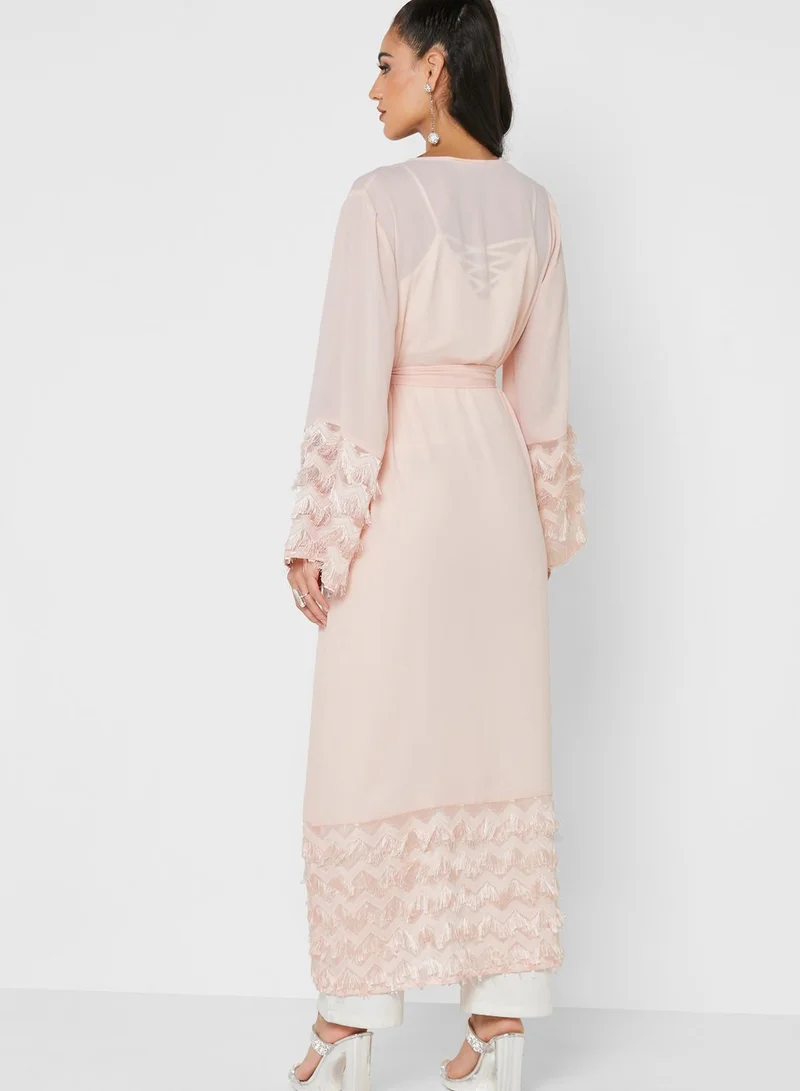 Khizana Tassel Layered Detail Abaya With Belt