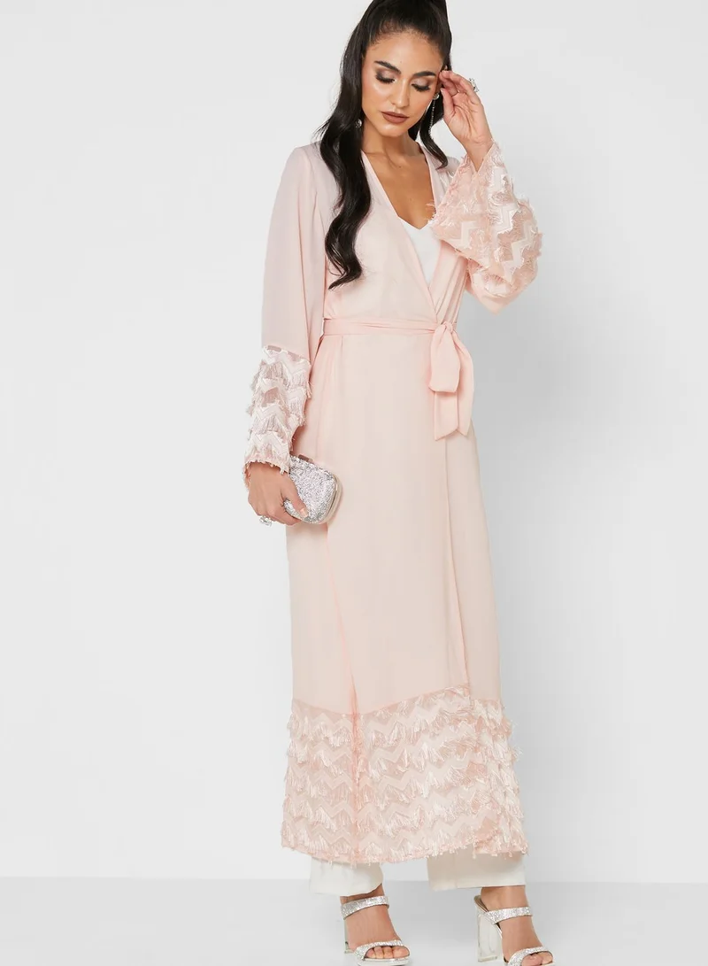 Khizana Tassel Layered Detail Abaya With Belt