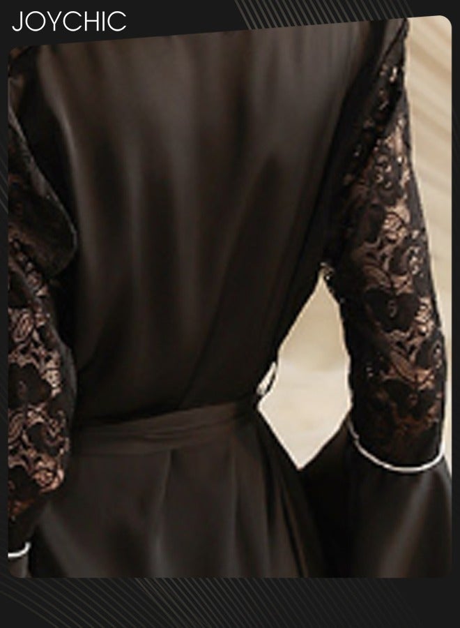 Autumn and Winter Light Luxury Women's Pajamas Satin Lace V Cardigan Nightgown Soft and Skin-friendly Sleep Robe with Decorative Stitching Ruffled Cuff Black