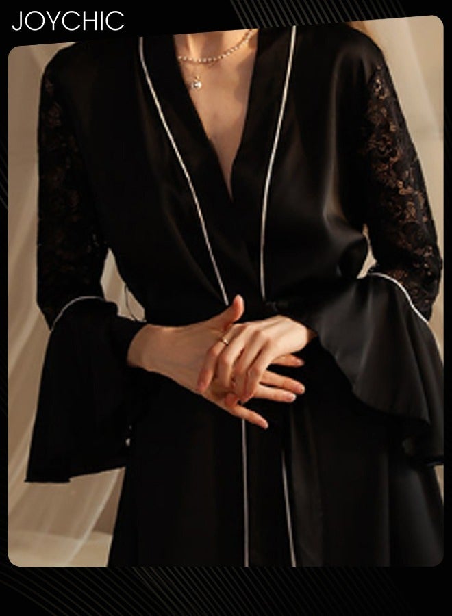 Autumn and Winter Light Luxury Women's Pajamas Satin Lace V Cardigan Nightgown Soft and Skin-friendly Sleep Robe with Decorative Stitching Ruffled Cuff Black