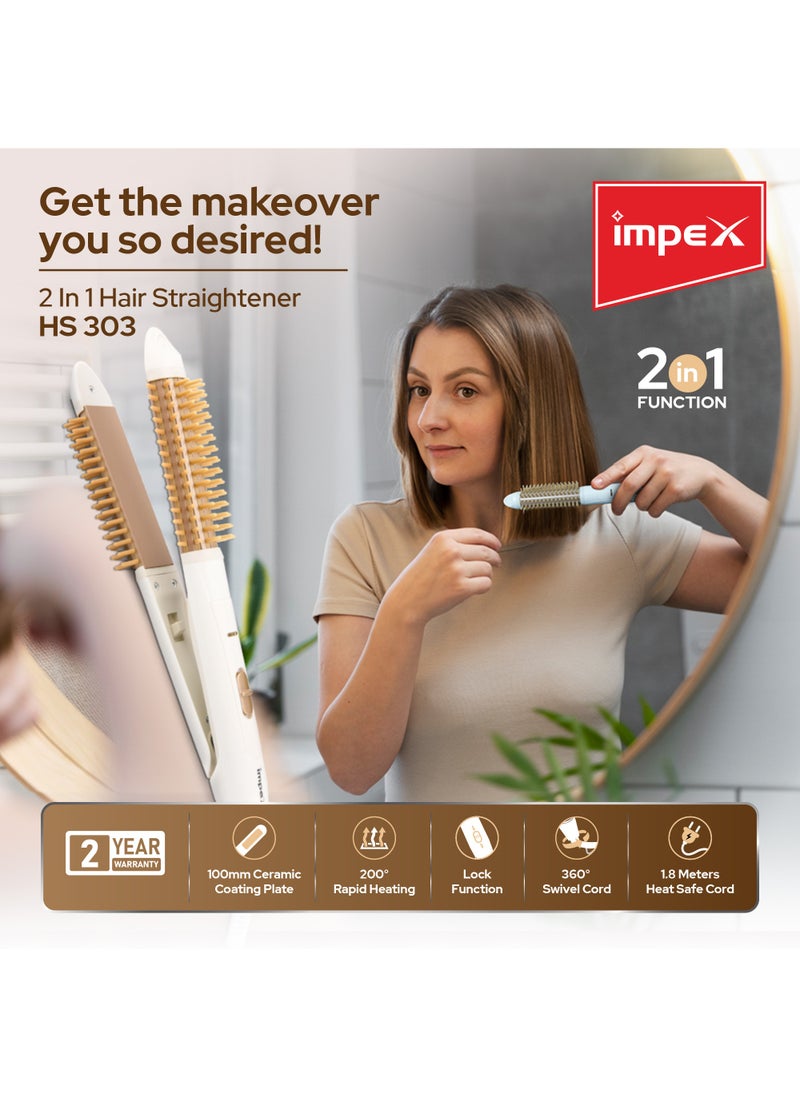 Impex - Ceramic Coated 2 in 1 Hair Straightener,360° Swivel Cord,100mm Ceramic Soleplate,2 Heat Levels,200° Temperature Control,35 Watts,2-Year Warranty-HS 303 - Image 1