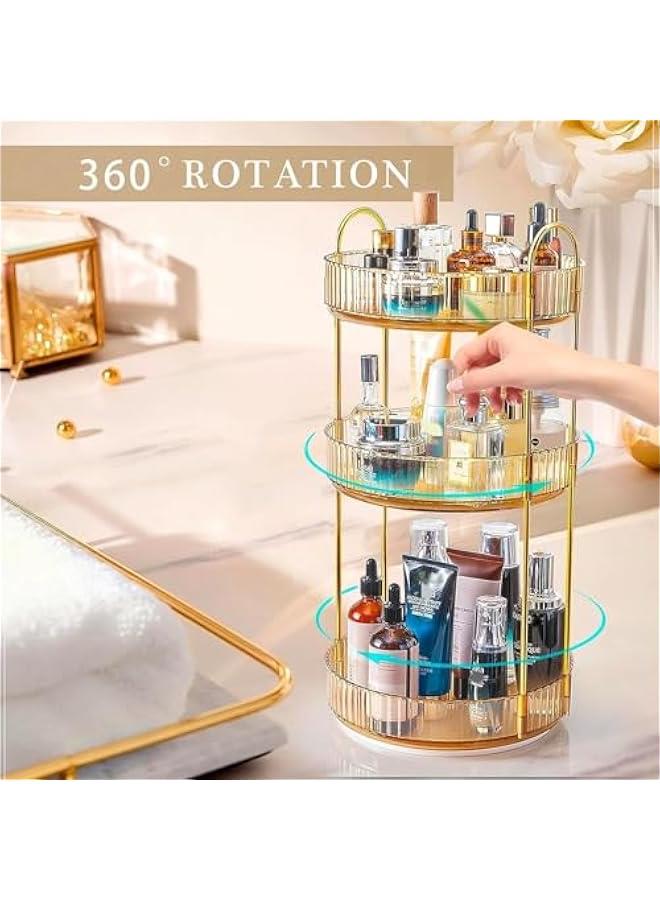 Makeup Organizer, 360°Rotating Cosmetics Storage Tray, Large Capacity Skincare Organizer Shelf for Vanity,Bathroom,Dresser,Countertop,and Perfumes (3 Tier,Amber) - Image 2