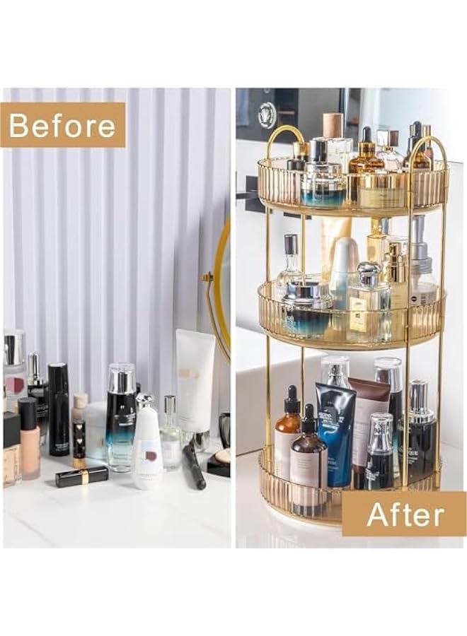 Makeup Organizer, 360°Rotating Cosmetics Storage Tray, Large Capacity Skincare Organizer Shelf for Vanity,Bathroom,Dresser,Countertop,and Perfumes (3 Tier,Amber) - Image 3