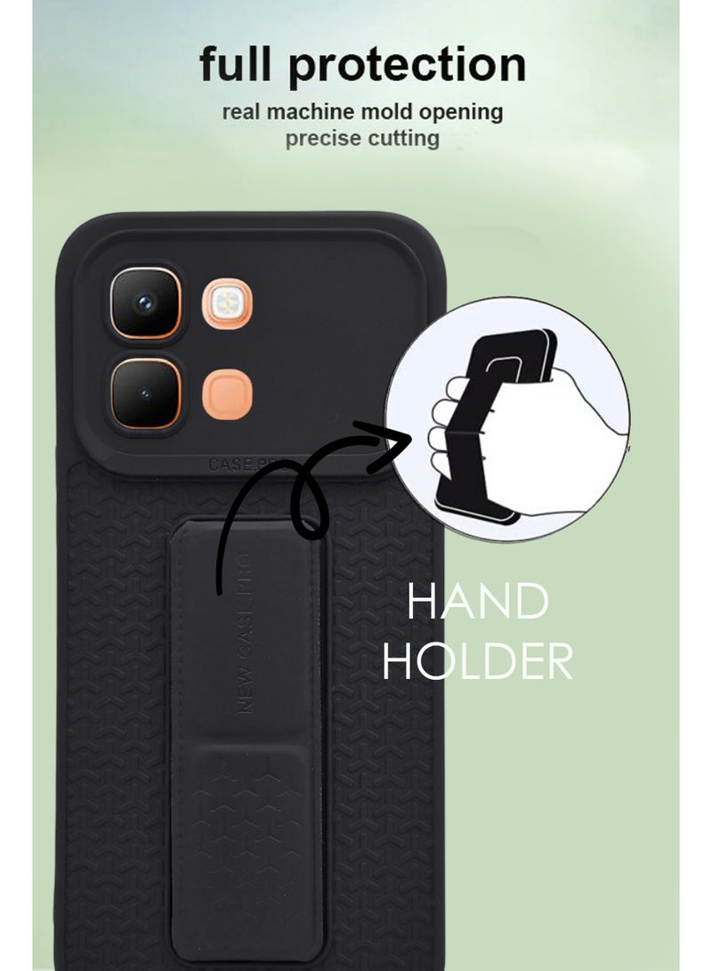Infinix Note Edge - Black Semi Soft Self Designed Magnetic Back Stand Case  With Foldable Kickstand & Finger Strap - Image 4