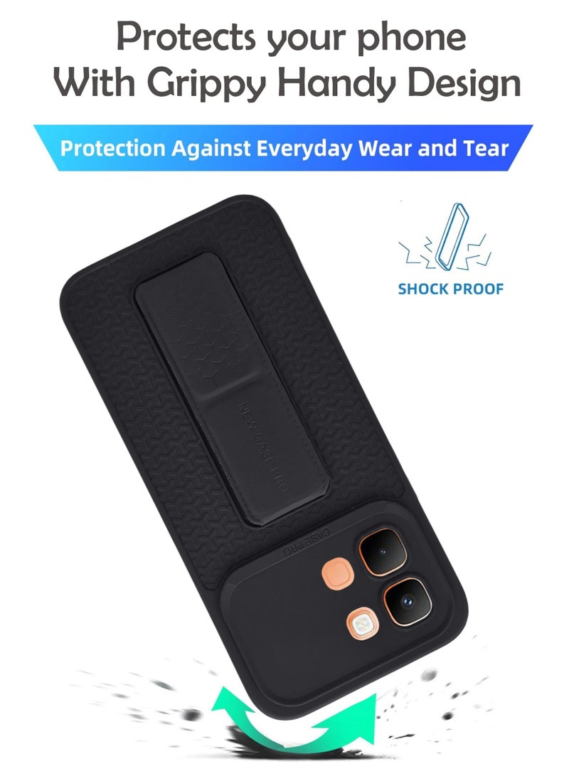 Infinix Note Edge - Black Semi Soft Self Designed Magnetic Back Stand Case  With Foldable Kickstand & Finger Strap - Image 3