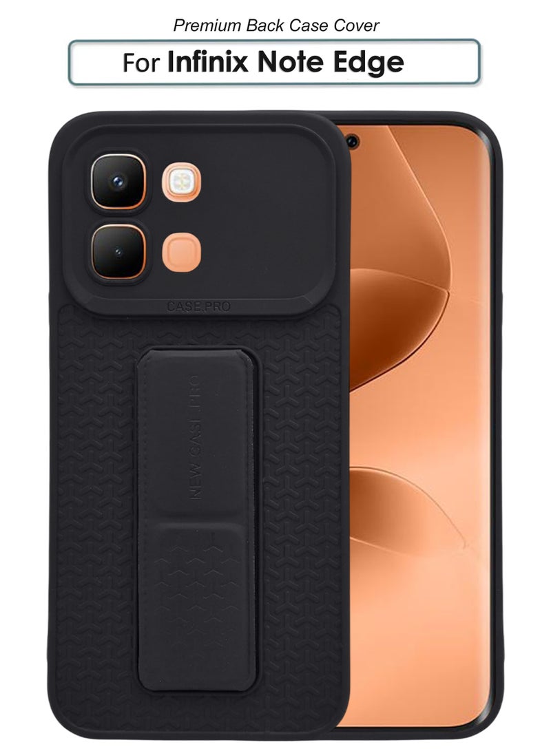 Infinix Note Edge - Black Semi Soft Self Designed Magnetic Back Stand Case  With Foldable Kickstand & Finger Strap - Image 1