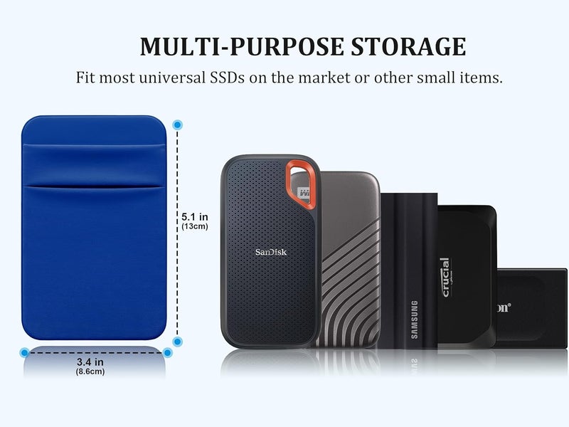 Lacdo Portable Hard Drive Sleeve for Laptop, 2-Pocket Stick on Pouch with Reusable Adhesive, for SanDisk, Samsung, Crucial, Portable External Solid State Drive SSD Hard Drive Carrying Case, Blue - Image 2