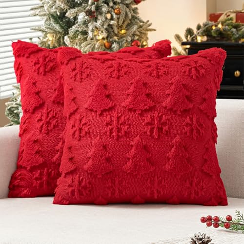 MIULEE Christmas Throw Pillow Covers 18x18 Set of 2 Christmas Decorations Red Soft Plush Faux Fur Wool Xmas Tree Snowflakes Pillowcases Holiday Festivals Winter Home Decor Sofa Couch Bed Porch - Image 1