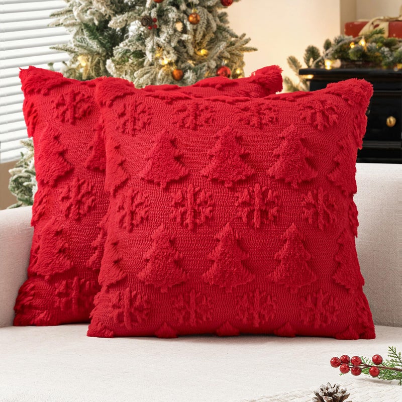 MIULEE Christmas Throw Pillow Covers 18x18 Set of 2 Christmas Decorations Red Soft Plush Faux Fur Wool Xmas Tree Snowflakes Pillowcases Holiday Festivals Winter Home Decor Sofa Couch Bed Porch - Image 2