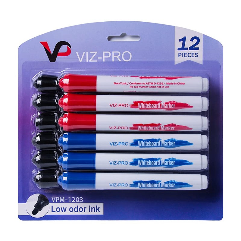 VIZ-PRO Dry Erase Markers, Fine Bullet Tip, 3 Assorted Colors, 12-Count Low-Odor Whiteboard Pens - Image 2