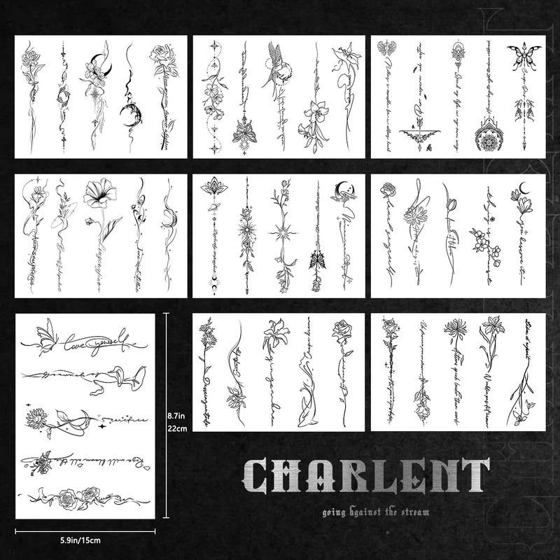 CHARLENT تاتو مؤقت CHARLENT للنساء والفتيات - 45 قطعة من كلمات الزهور والخطوط رسومات واقعية تاتو مزيف طويل الأمد مقاوم للماء فن الخطوط البسيطة للذراع والعمود الفقري والساق والجسم - Image 2