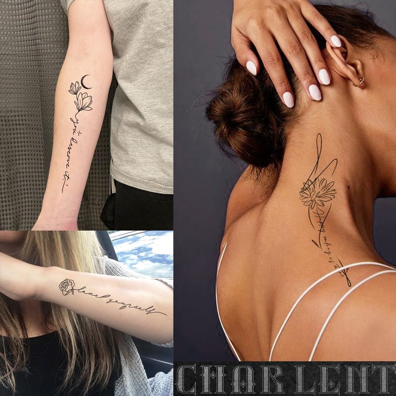 CHARLENT تاتو مؤقت CHARLENT للنساء والفتيات - 45 قطعة من كلمات الزهور والخطوط رسومات واقعية تاتو مزيف طويل الأمد مقاوم للماء فن الخطوط البسيطة للذراع والعمود الفقري والساق والجسم - Image 4