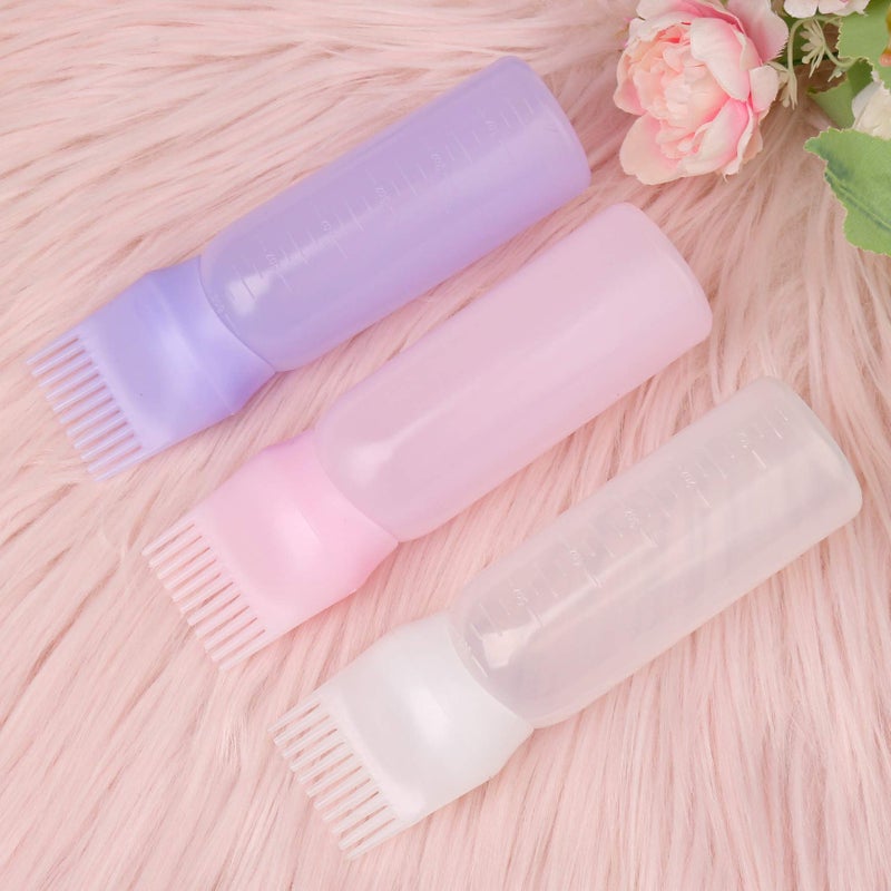 Pimoys Root Comb Applicator Bottle 6 Ounce Oil Applicator for Hair Dye, 3 Pack Hair Oiling Bottle Brush with Graduated Scale (Pink, Purple, White) - Image 2