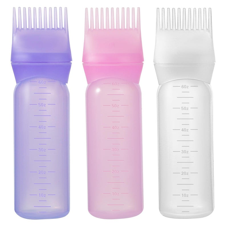 Pimoys Root Comb Applicator Bottle 6 Ounce Oil Applicator for Hair Dye, 3 Pack Hair Oiling Bottle Brush with Graduated Scale (Pink, Purple, White) - Image 1