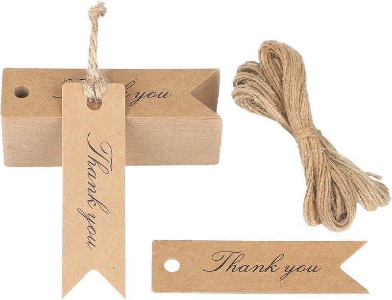 g2plus Mini Thank You Tags, 100PCS Small Gift Tags with String, Paper Hang Tag, Kraft Paper Gift Tag with Jute Twine for Arts and Crafts, Wedding, Christmas, Thanksgiving (Brown) - Image 1