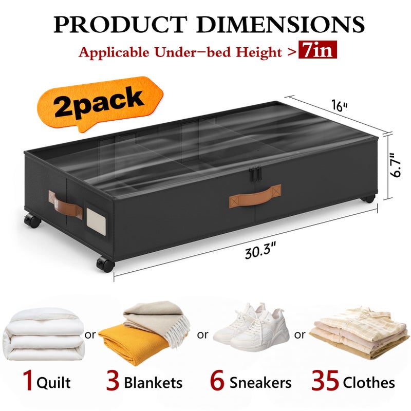 Yecaye Under Bed Storage with Wheels, 2 Pack Under Bed Storage Containers with Adjustable Dividers & Clear Window, Rolling Underbed Organizer Bins Drawers for Clothes, Shoes, Blankets, Black - Image 3