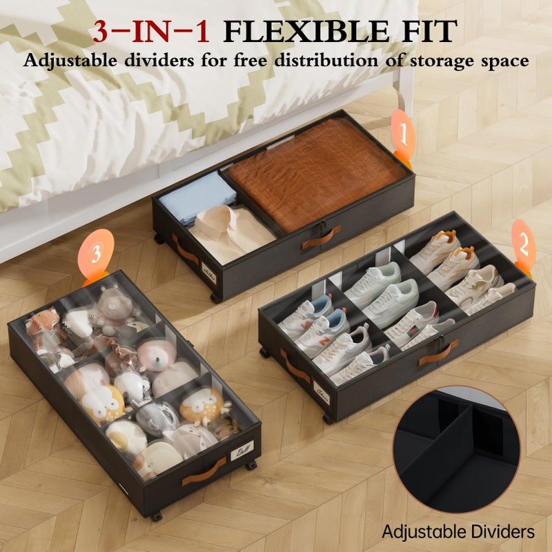 Yecaye Under Bed Storage with Wheels, 2 Pack Under Bed Storage Containers with Adjustable Dividers & Clear Window, Rolling Underbed Organizer Bins Drawers for Clothes, Shoes, Blankets, Black - Image 2