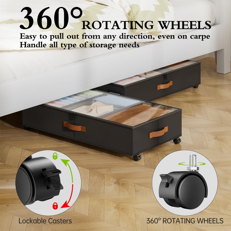 Yecaye Under Bed Storage with Wheels, 2 Pack Under Bed Storage Containers with Adjustable Dividers & Clear Window, Rolling Underbed Organizer Bins Drawers for Clothes, Shoes, Blankets, Black - Image 4