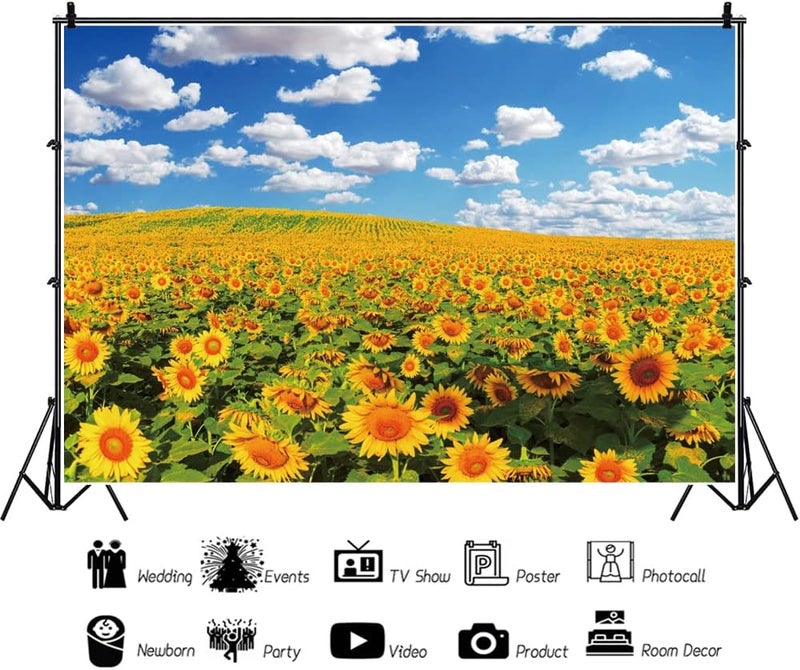 Renaiss 7x5ft Sunflower Field Backdrop Polyester Fabric Summer Yellow Flower Blossom Blue Sky White Clouds Nature Scenery Photography Background for Baby Shower Birthday Wedding Party Decor Banner - Image 4