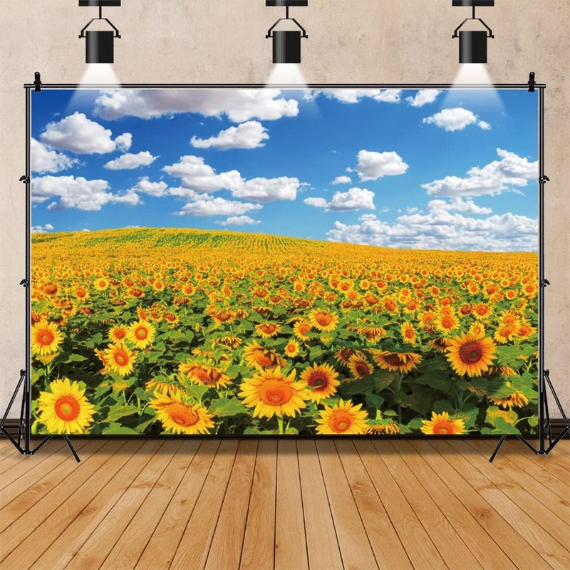 Renaiss 7x5ft Sunflower Field Backdrop Polyester Fabric Summer Yellow Flower Blossom Blue Sky White Clouds Nature Scenery Photography Background for Baby Shower Birthday Wedding Party Decor Banner - Image 3