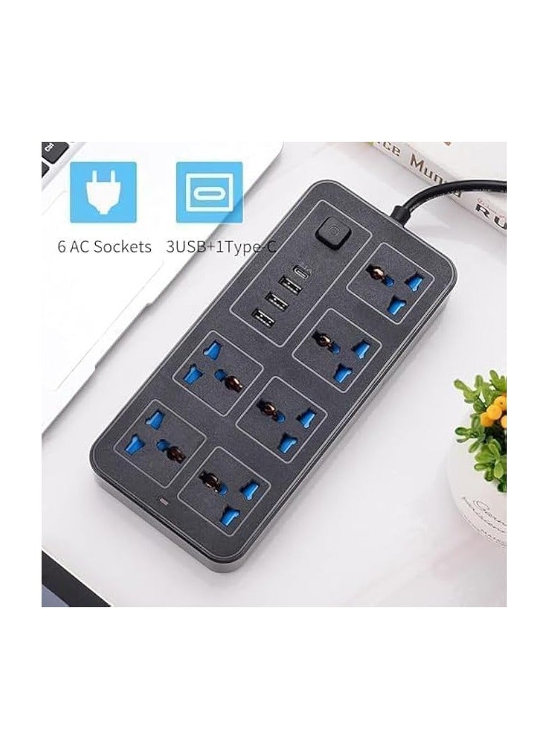 erorex Universal Extension Lead - UK Plug 6 Socket Outlet with Multiple Gangs, 3 USB and 1 USB C Ports, and Overload Protection | 2M Electric Socket Mains Strip. (6 Outlets & 3 USB, 1 USB C Port) - Image 2