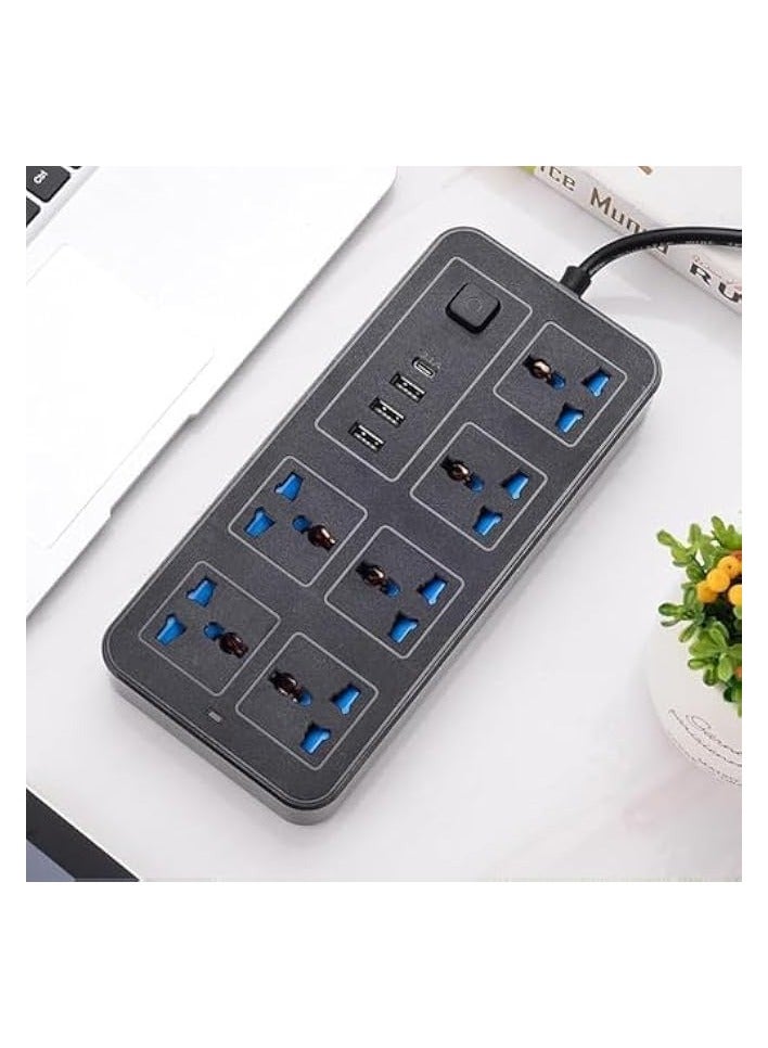 erorex Universal Extension Lead - UK Plug 6 Socket Outlet with Multiple Gangs, 3 USB and 1 USB C Ports, and Overload Protection | 2M Electric Socket Mains Strip. (6 Outlets & 3 USB, 1 USB C Port) - Image 1