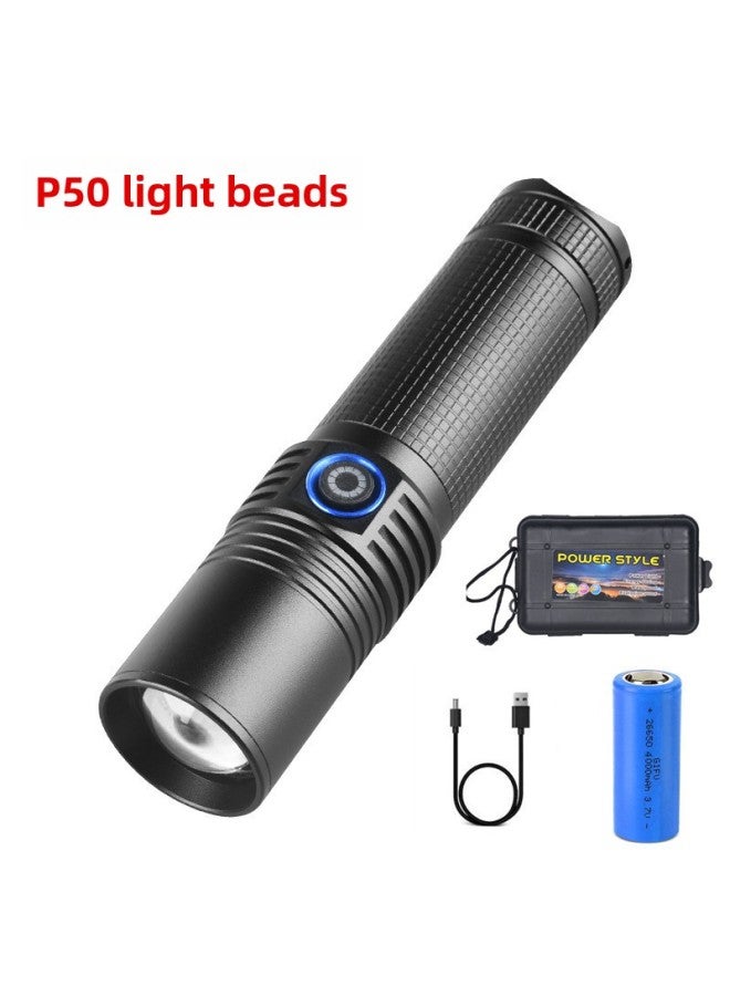Strong Light Zoom Super Bright Long-range Flashlight Rechargeable Outdoor Work Night Fishing White Laser Xenon Lamp-Product Specifications:(Zoom) P50 Flashlight Set - Image 1