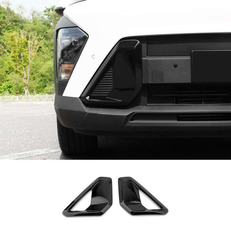 غطاء فتحة الهواء الجانبية لمصد ABS من JUIVEEL مع غطاء مصباح الضباب وزخرفة مصد السيارة متوافق مع هيونداي كونا 2024 2025 SX2 بتصميم أسود لامع