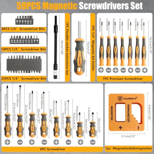 MulWark Magnetic Screwdriver Set with Case, Screw Driver Set Kit 59 Piece Includs Phillips, Hex, Pozidriv, Torx and Precision Screw Driver Set, Replaceable Screwdriver Bit Set for Men, Dad, Husband - Image 4