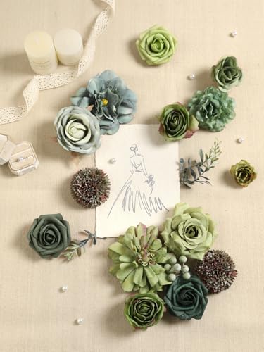 Koroni Flowers Artificial Flowers Combo Box Set Green Flowers Silk Fake Roses with Stems for DIY Wedding Bouquets,Floral Arrangement,Table Centerpieces,Baby Shower, Home Decor - Image 3