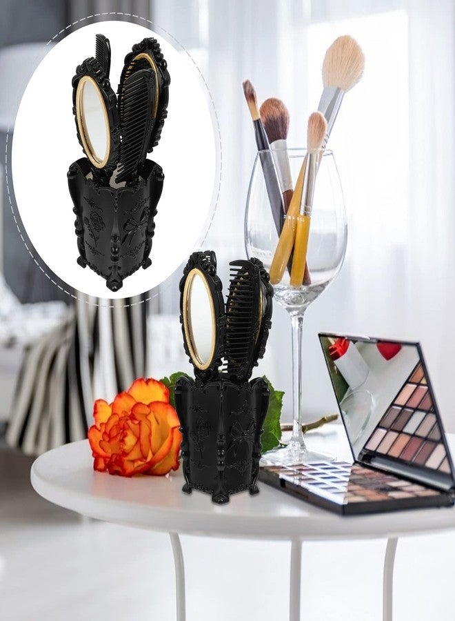 HEALLILY Detangling Hair Brush 5pcs Vintage Hand Mirror Comb Set with Storage Pot Antique Cosmetic Mirror Hair Dry Curly Styling Tool Travel Vanity Mirror - Image 3