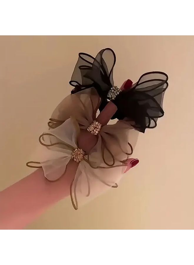 Elegant Single Rhinestone Bow Hair Tie Beige High Elasticity Non Damaging Hair Accessory With Black And White Satin Ribbon Golden Cord And Red Gemstones For Women Parties Weddings Prom Gift Idea - Image 1