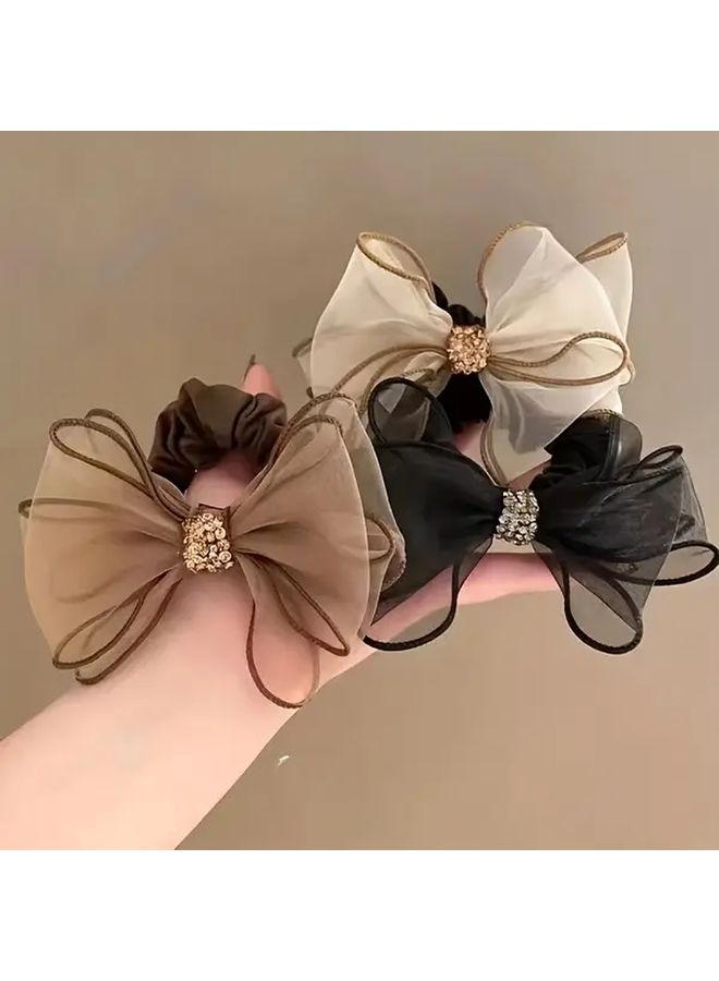 Elegant Single Rhinestone Bow Hair Tie Beige High Elasticity Non Damaging Hair Accessory With Black And White Satin Ribbon Golden Cord And Red Gemstones For Women Parties Weddings Prom Gift Idea - Image 4