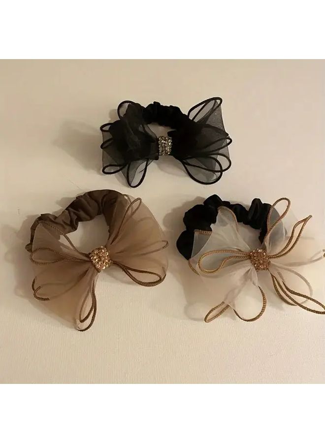 Elegant Single Rhinestone Bow Hair Tie Beige High Elasticity Non Damaging Hair Accessory With Black And White Satin Ribbon Golden Cord And Red Gemstones For Women Parties Weddings Prom Gift Idea - Image 5