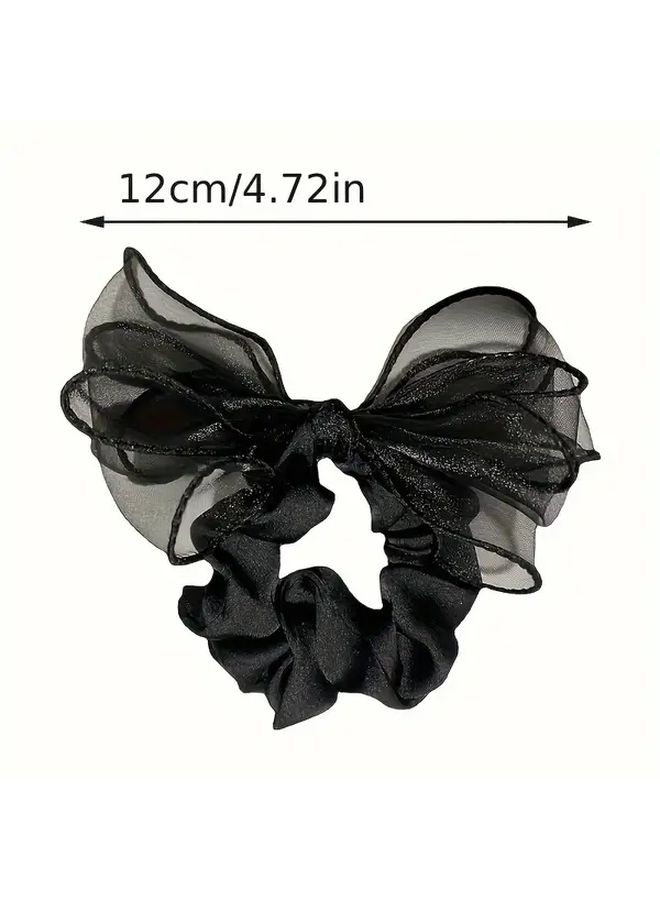 Elegant Single Rhinestone Bow Hair Tie Beige High Elasticity Non Damaging Hair Accessory With Black And White Satin Ribbon Golden Cord And Red Gemstones For Women Parties Weddings Prom Gift Idea - Image 3