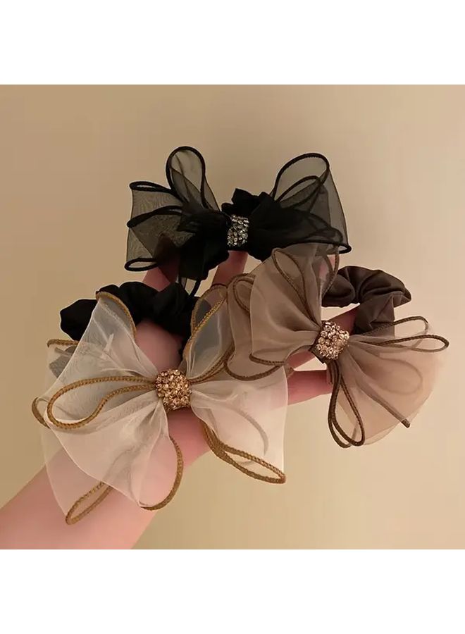 Elegant Single Rhinestone Bow Hair Tie Beige High Elasticity Non Damaging Hair Accessory With Black And White Satin Ribbon Golden Cord And Red Gemstones For Women Parties Weddings Prom Gift Idea - Image 2