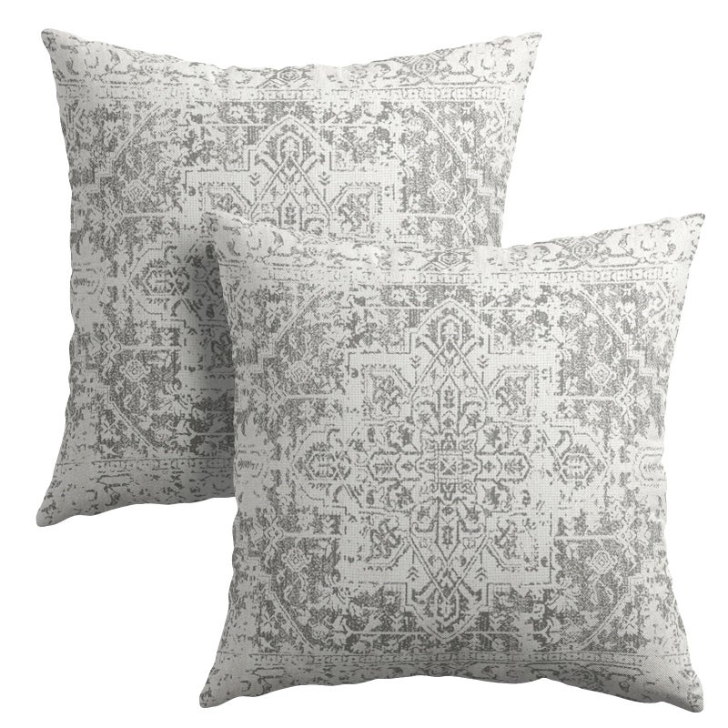 Anyako Boho Throw Pillow Covers 18X18 Inches Set of 2 Grey and White Ethnic Design Pillowcase Soft Cotton Linen Square Carpet Pattern Cushion Covers for Home Sofa Patio Bedroom - Image 1
