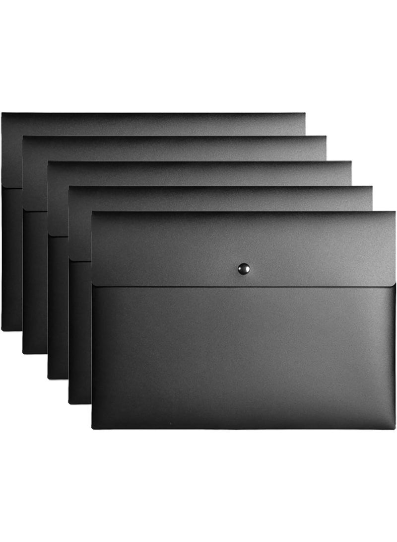 Poly File Folder Pockets File Jacket Plastic Envelope Flat Document Letter Organizer with Snap Button Closure A4 Letter Size (Pack of 5, Black) - Image 1