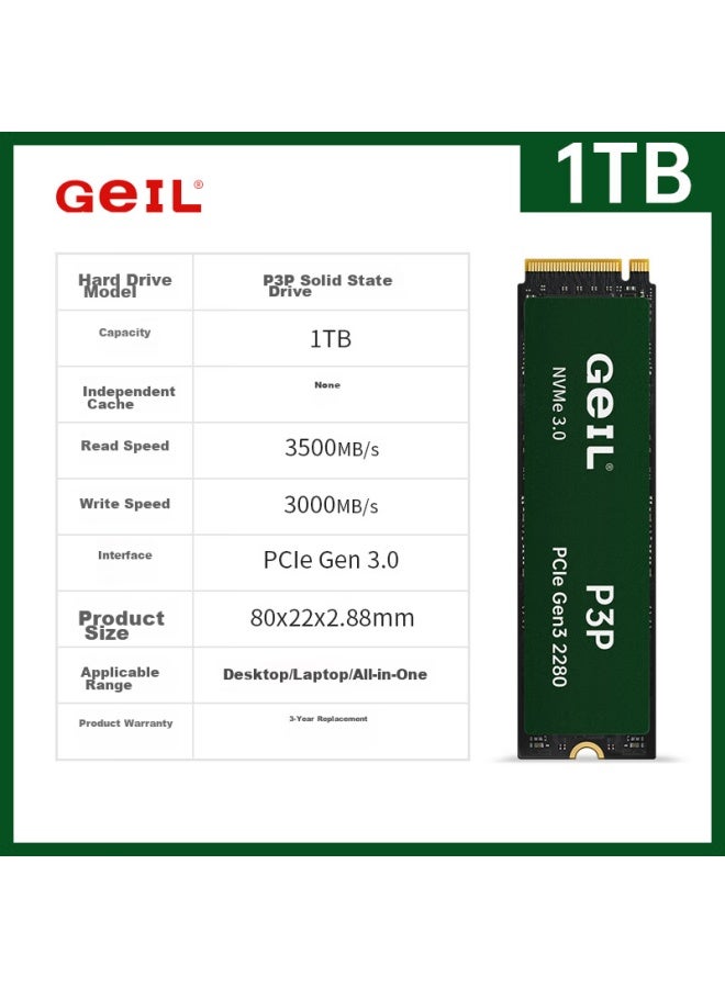 Geil 1tb Ssd Solid State Drive M.2 Interface Pcie 3.0 Desktop Laptop Hard Drive High-speed 3500mb/s P3p Series - Image 1