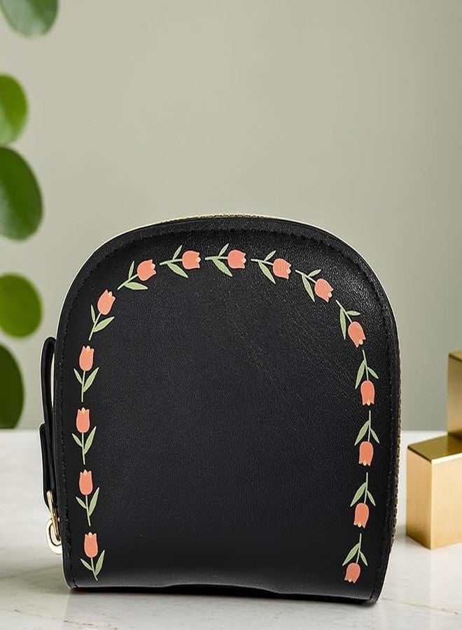 Kuber Industries Floral Vine Print PU Batua Purse, Cash & Coin Pocket Wallet for Women with Zip | Portable Cute Mini Wallet for Girls | Hand Wallet for College Girls | KS-4, Black - Image 2