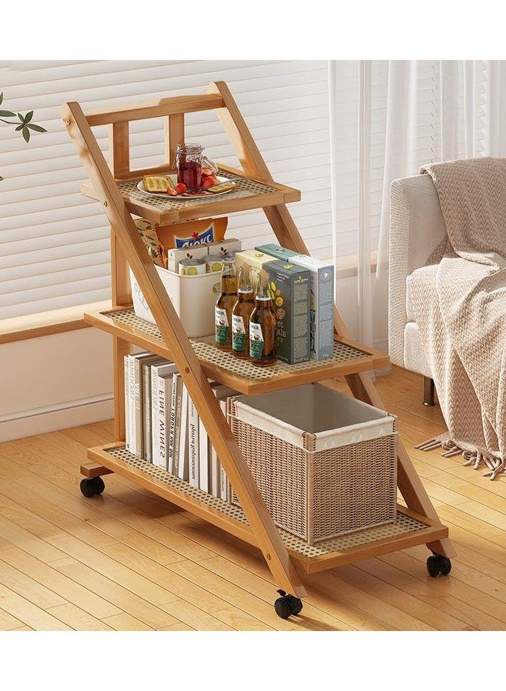 LINGWEI Bamboo Serving Cart with Wheels 3 Tier Foldable Wooden Kitchen Trolley - Image 1