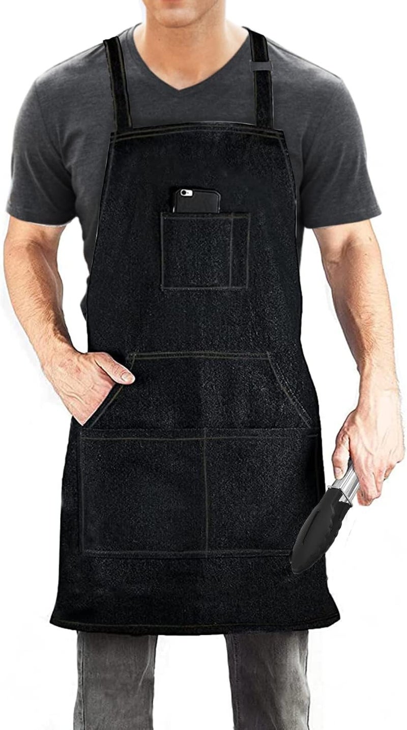Dadidyc Black Denim Aprons for Men/Women with Pockets Tool Apron Waterproof Adjustable Canvas Apron Lightweight Kitchen Apron Work Apron - Image 1