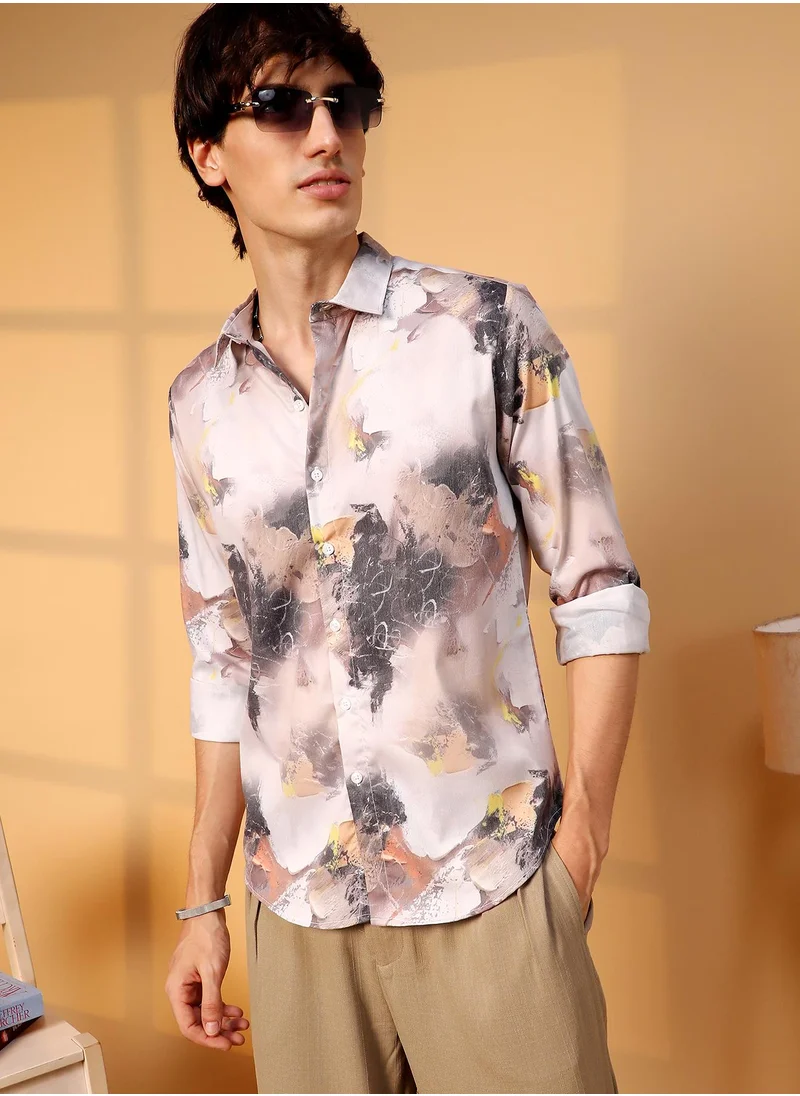 Campus Sutra Men's Charcoal Black & Ivory White Faded Bloom Shirt
