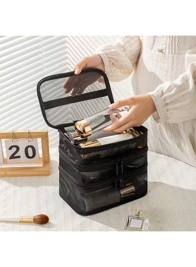 Shein 3-Layer Mesh Cosmetic Bag - Large Capacity Makeup Organizer with 3 Compartments & Handle - Breathable Travel Toiletry Case (Black) - Image 1