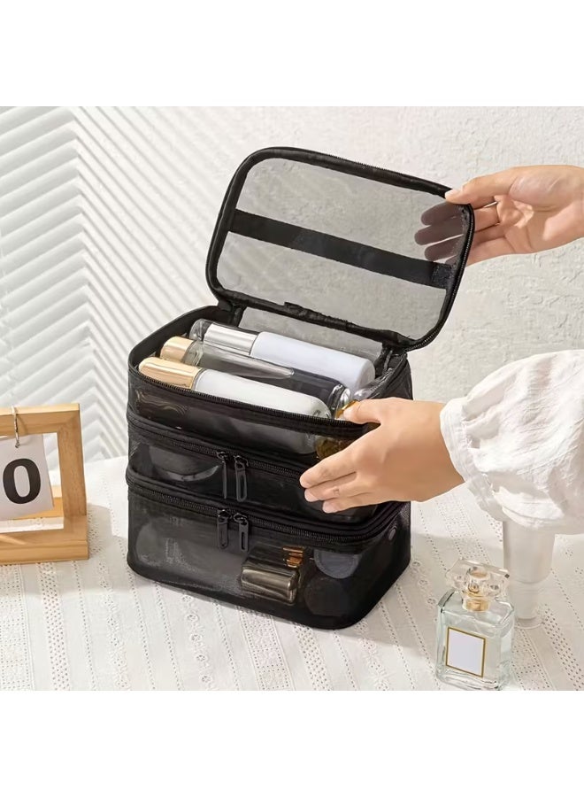 Shein 3-Layer Mesh Cosmetic Bag - Large Capacity Makeup Organizer with 3 Compartments & Handle - Breathable Travel Toiletry Case (Black) - Image 2