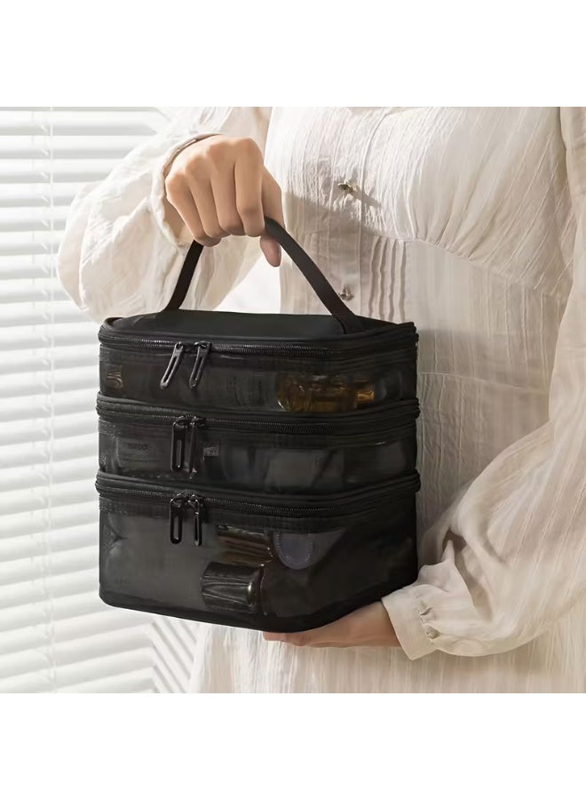 Shein 3-Layer Mesh Cosmetic Bag - Large Capacity Makeup Organizer with 3 Compartments & Handle - Breathable Travel Toiletry Case (Black) - Image 3