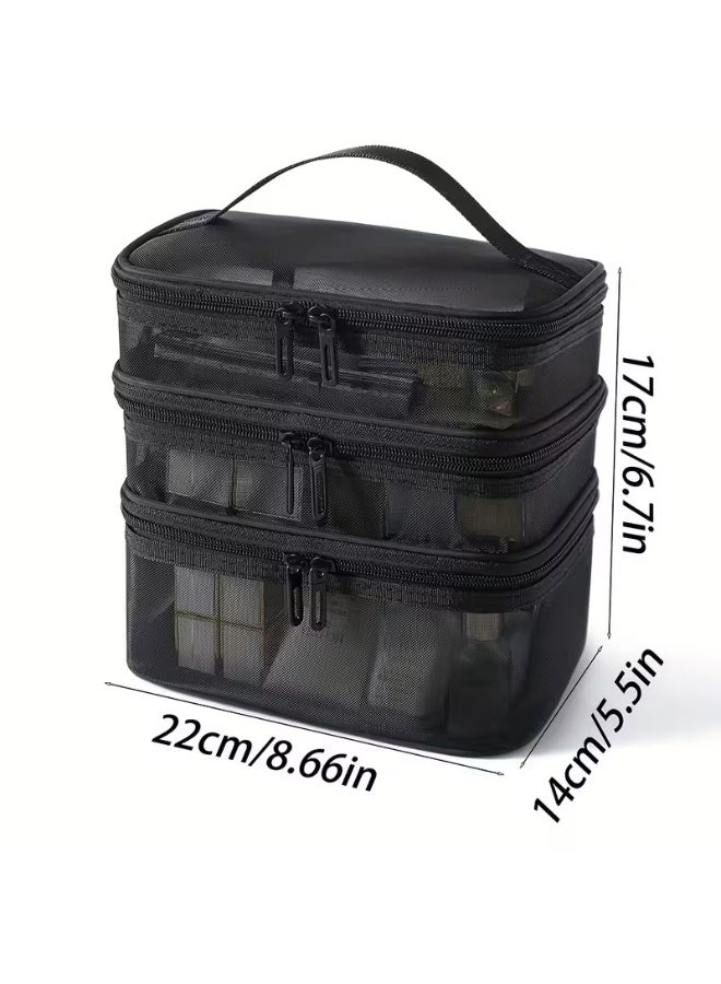 Shein 3-Layer Mesh Cosmetic Bag - Large Capacity Makeup Organizer with 3 Compartments & Handle - Breathable Travel Toiletry Case (Black) - Image 4