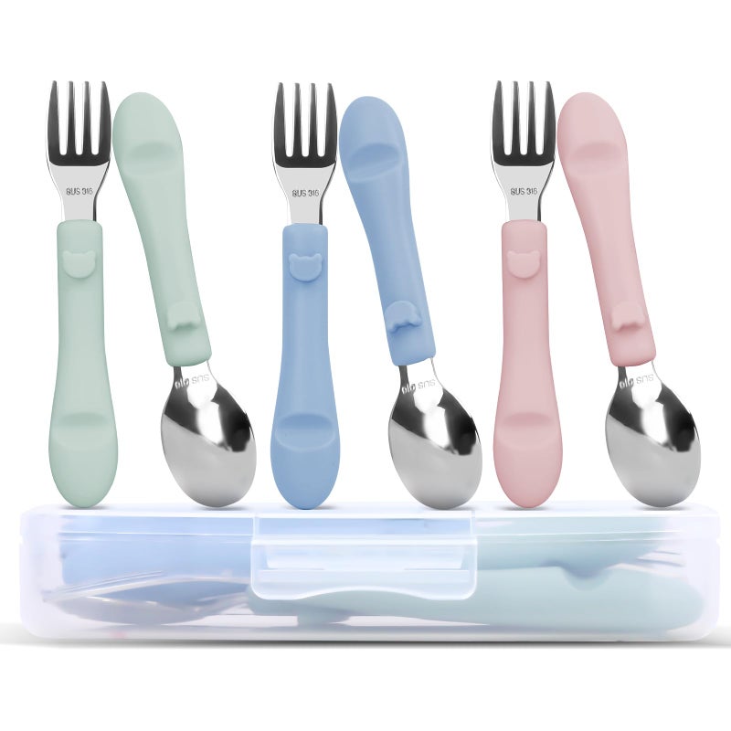 Bakpoco 6PCS Toddler Utensils 316 Stainless Steel Baby Safe Forks Spoons with Silicone Handle BPA Free Dishwasher Safe Kids Silverware Cutlery with Box SageBlueBlush - Image 3