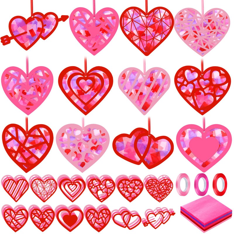 Marsui 36 Sets Valentine's Day Kits Craft for Adults Valentines Heart Suncatcher Craft Pink Heart Shape Home Window Art Decor Stained Glass Effect DIY Tissue Paper for Party Ornaments - Image 1